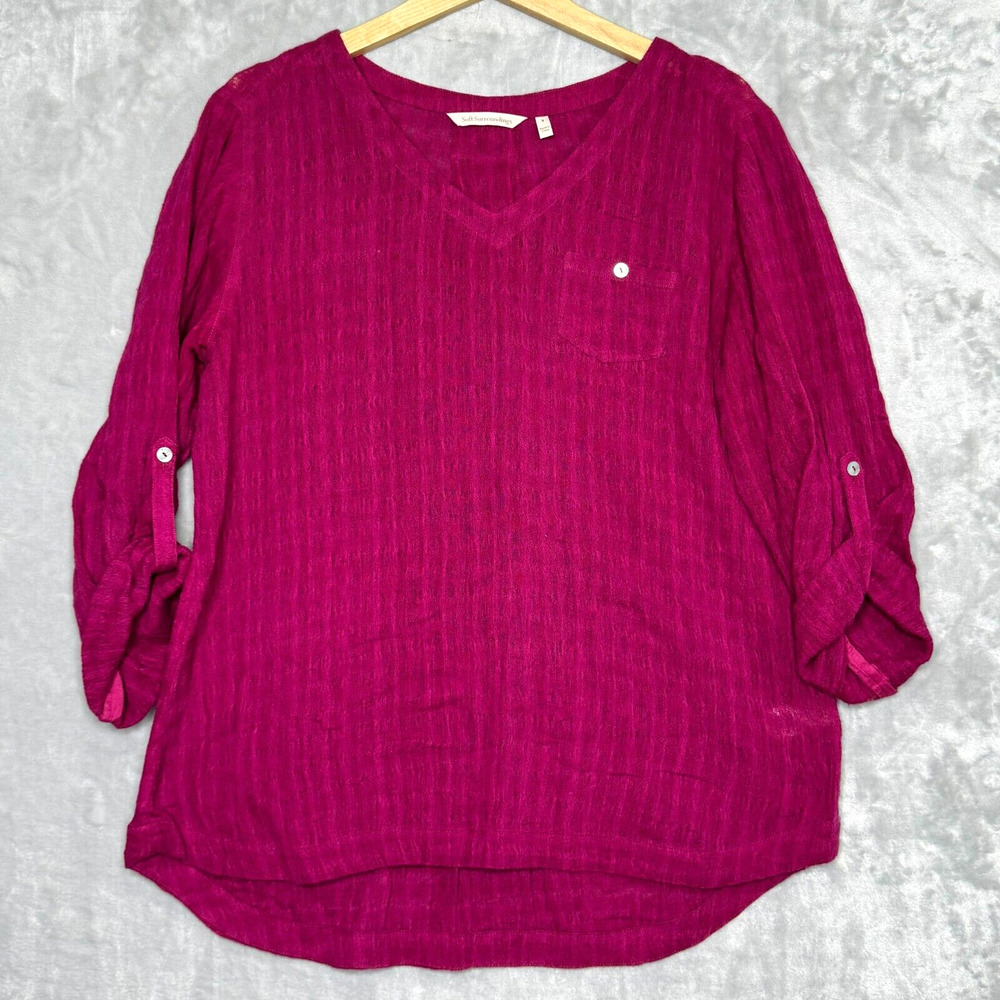 Soft Surroundings Top Womens Small Dark Pink Linen Cotton Gauzy Blend V Neck